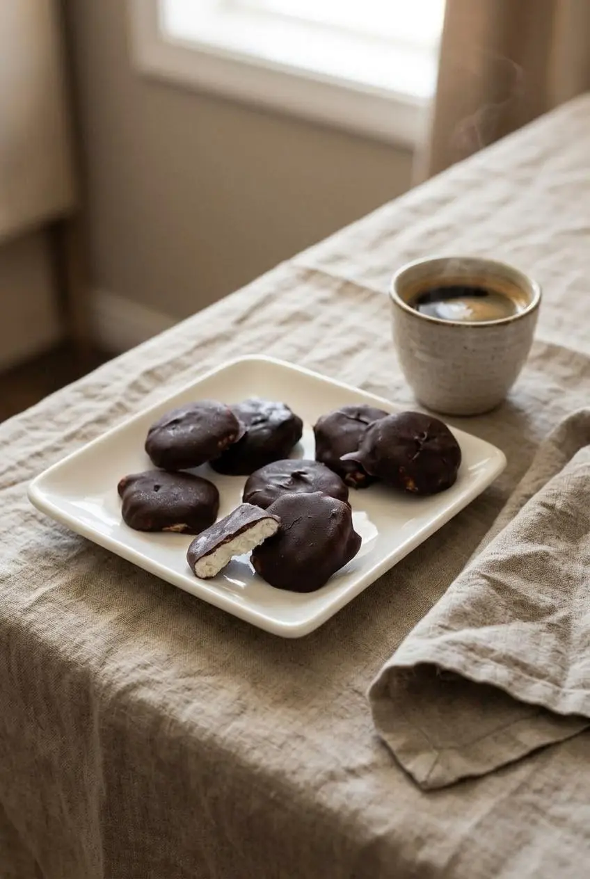 Chilled dark chocolate peppermint patties served on a linen-draped table beside a small ceramic cup of hot black espresso.