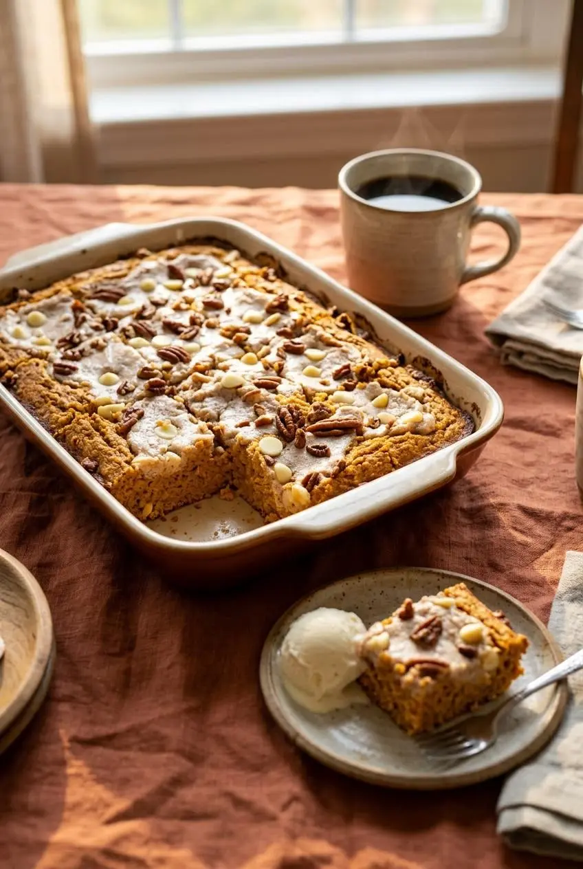 Slice of keto pumpkin earthquake cake plated with a scoop of vanilla ice cream and a cup of black coffee.