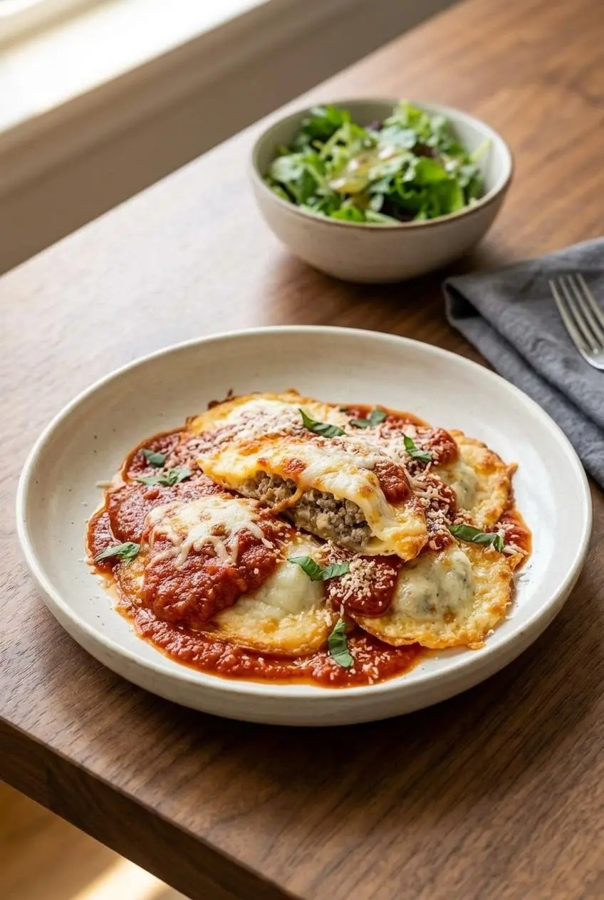 Plated keto ravioli finished with red marinara sauce, pecorino cheese, and fresh basil.