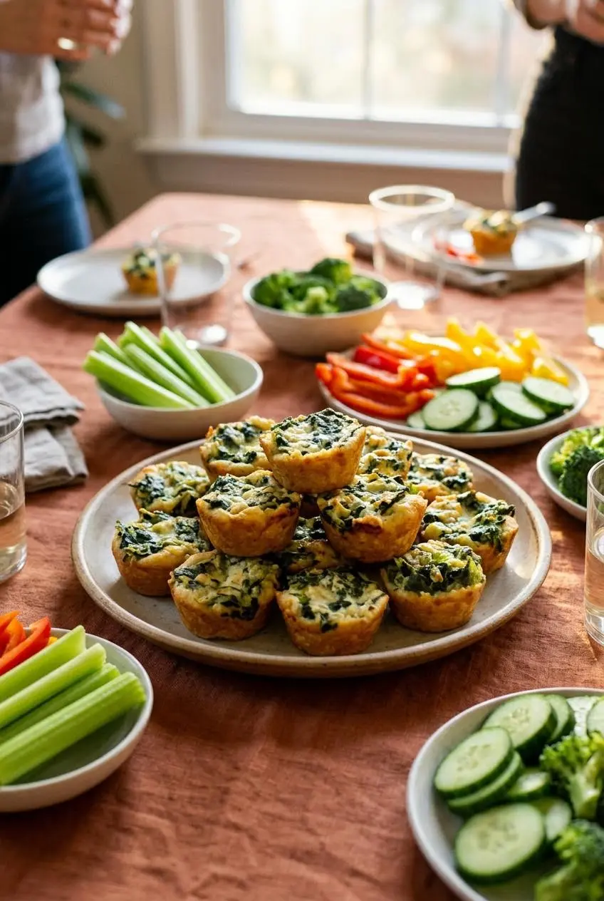 Platter of warm keto spinach artichoke dip bites served on a table with celery, bell peppers, cucumber, and broccoli