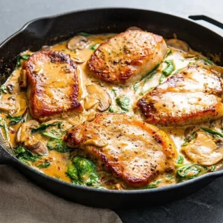 Golden keto pork chops spooned with a glossy garlic mushroom cream sauce and wilted spinach.