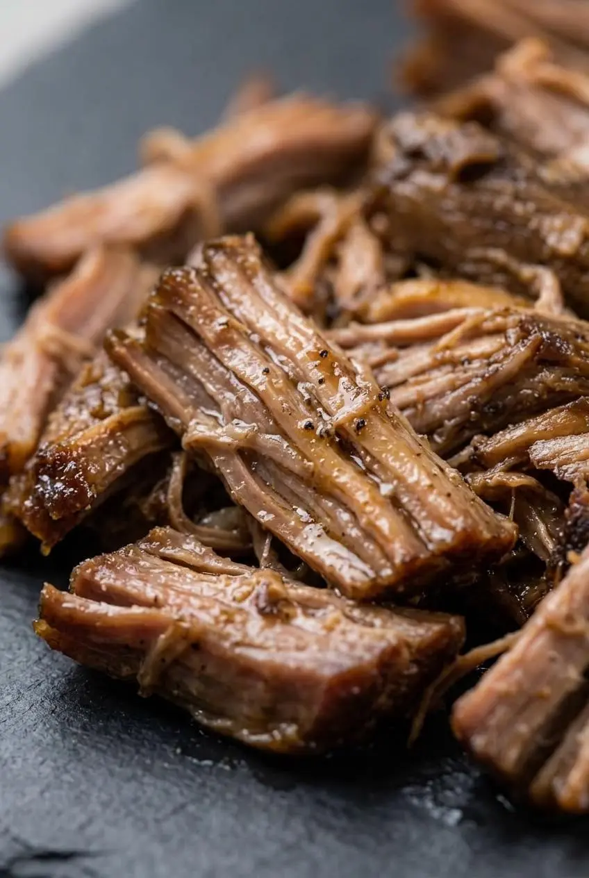 Close up of tender shredded pork shoulder coated in glossy, seasoned cooking juices.