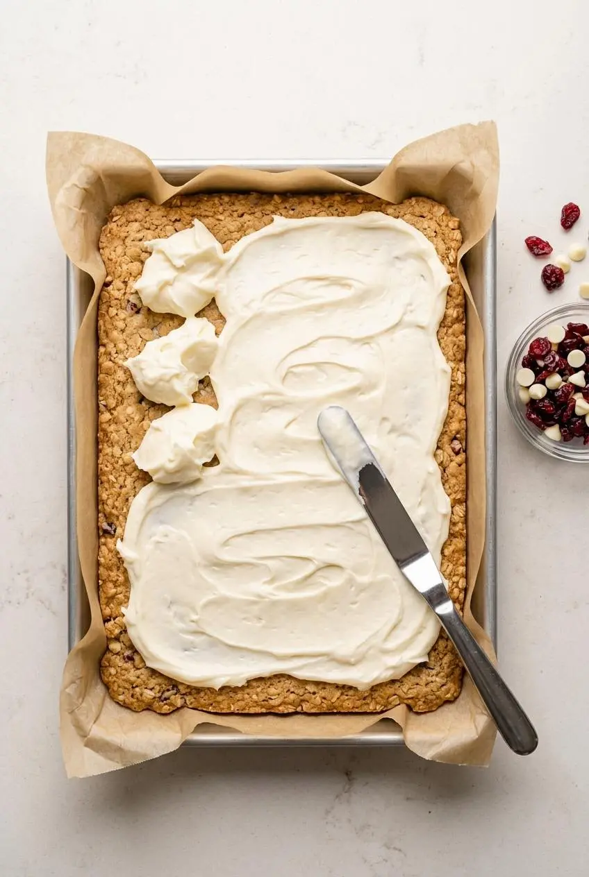 Overhead view of spreading dollops of cream cheese frosting onto a cooled blondie slab in a parchment-lined pan