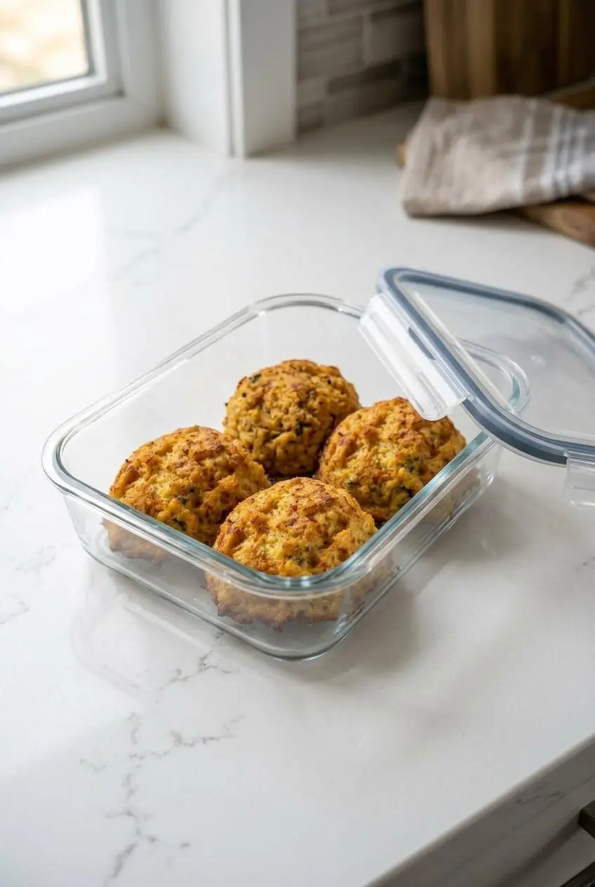 Four baked keto crab cakes stored neatly inside a clear glass meal prep container on a quartz counter.