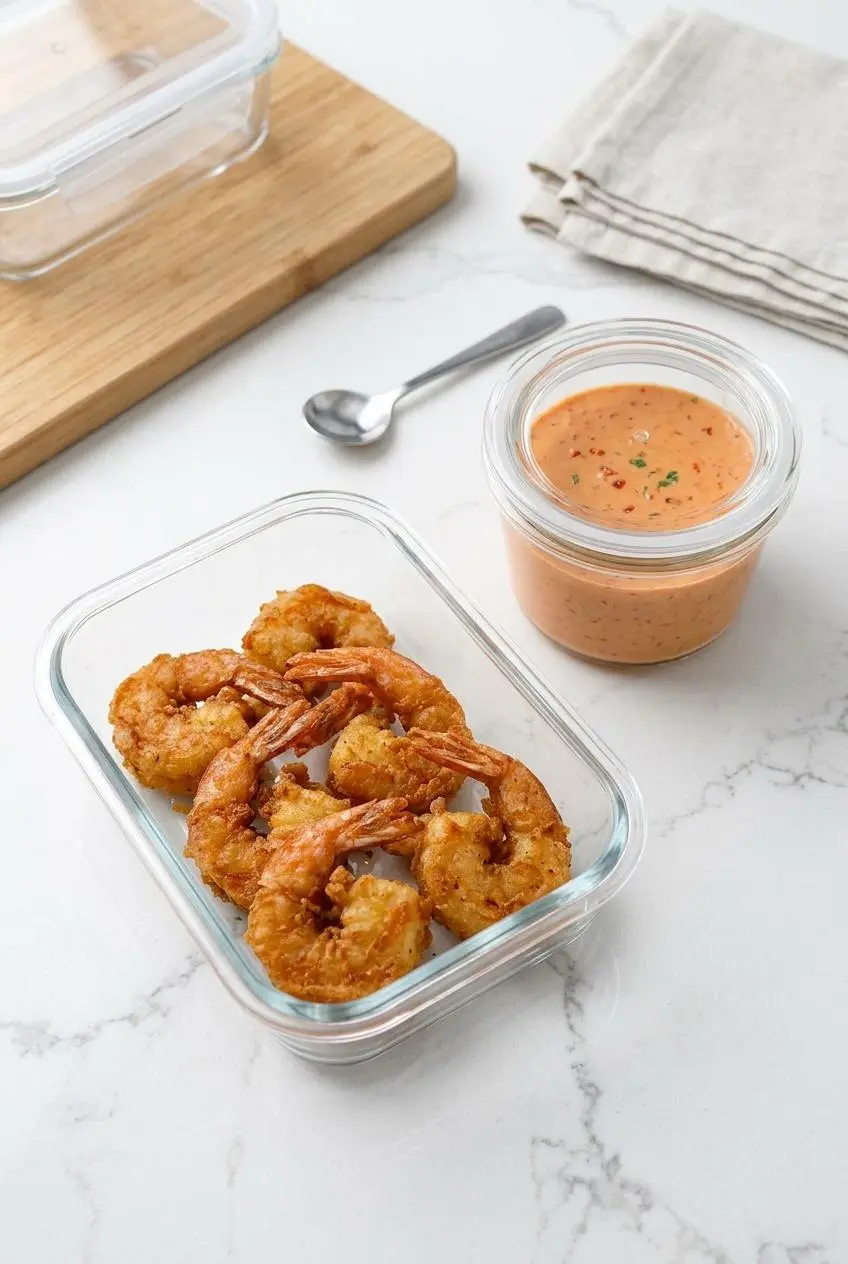 Cooked shrimp stored in a glass container beside a separate jar of bang bang sauce.