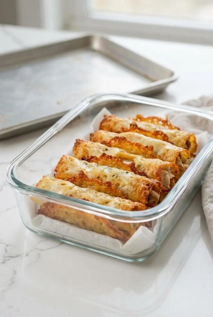 Crisp keto taquitos stored in a glass meal prep container lined with paper towels to absorb excess oil.