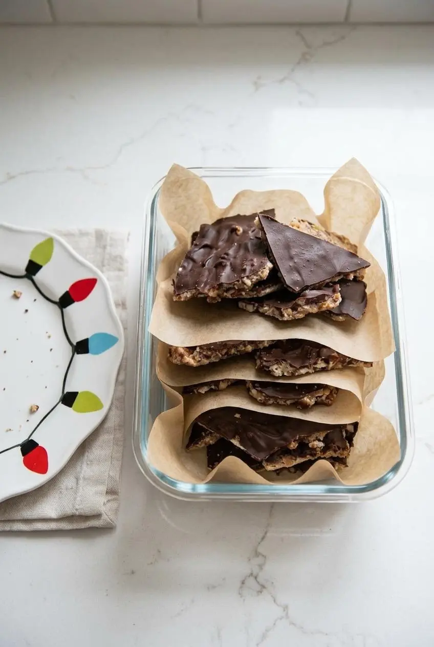 Rustic pieces of chocolate-topped pecan toffee stacked between parchment paper sheets in a glass storage container