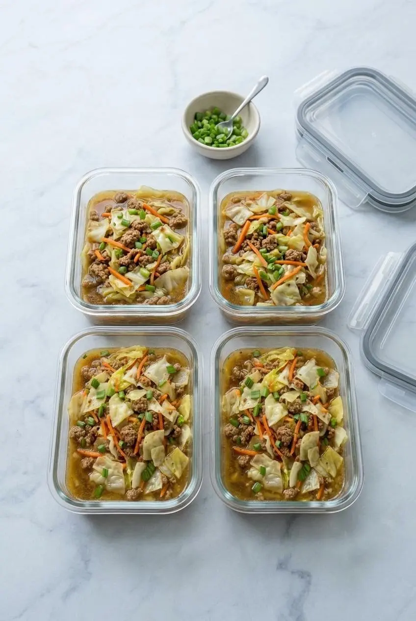 Shallow glass food storage container filled with keto egg roll soup on a kitchen prep counter.