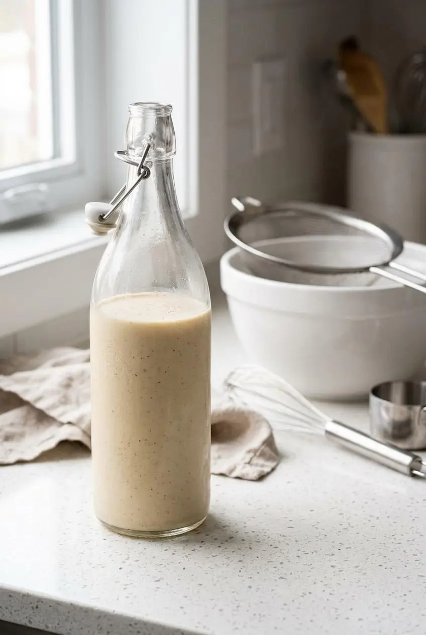 Clear swing-top glass bottle filled with strained keto eggnog ready for holiday refrigeration.