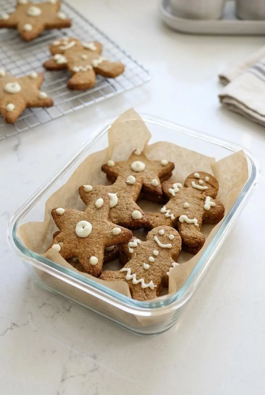 Decorated keto gingerbread cutouts stored flat in a parchment-lined glass container beside a cooling rack.
