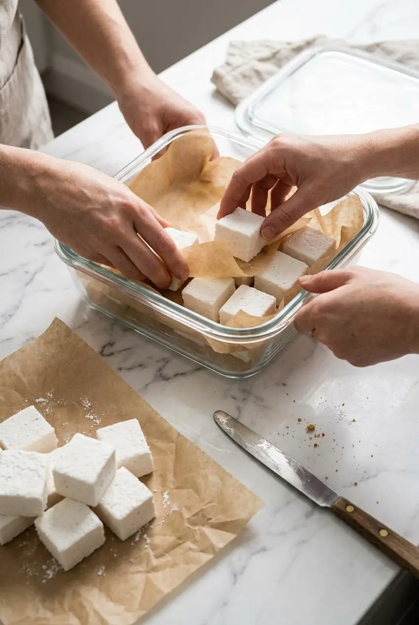 Cured keto marshmallow squares layered between parchment paper in a glass storage container.