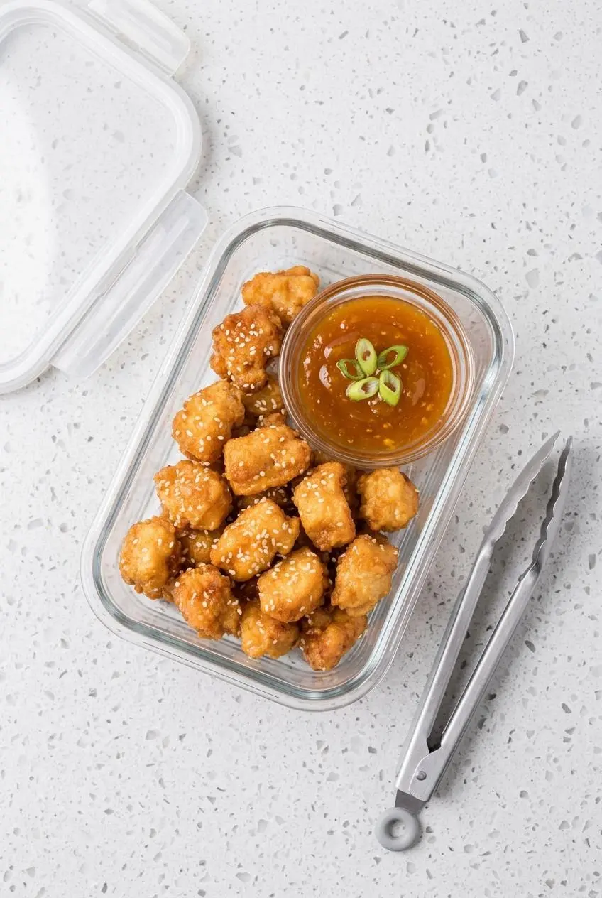 Crispy fried chicken bites in a glass meal prep dish beside a bowl of orange glaze