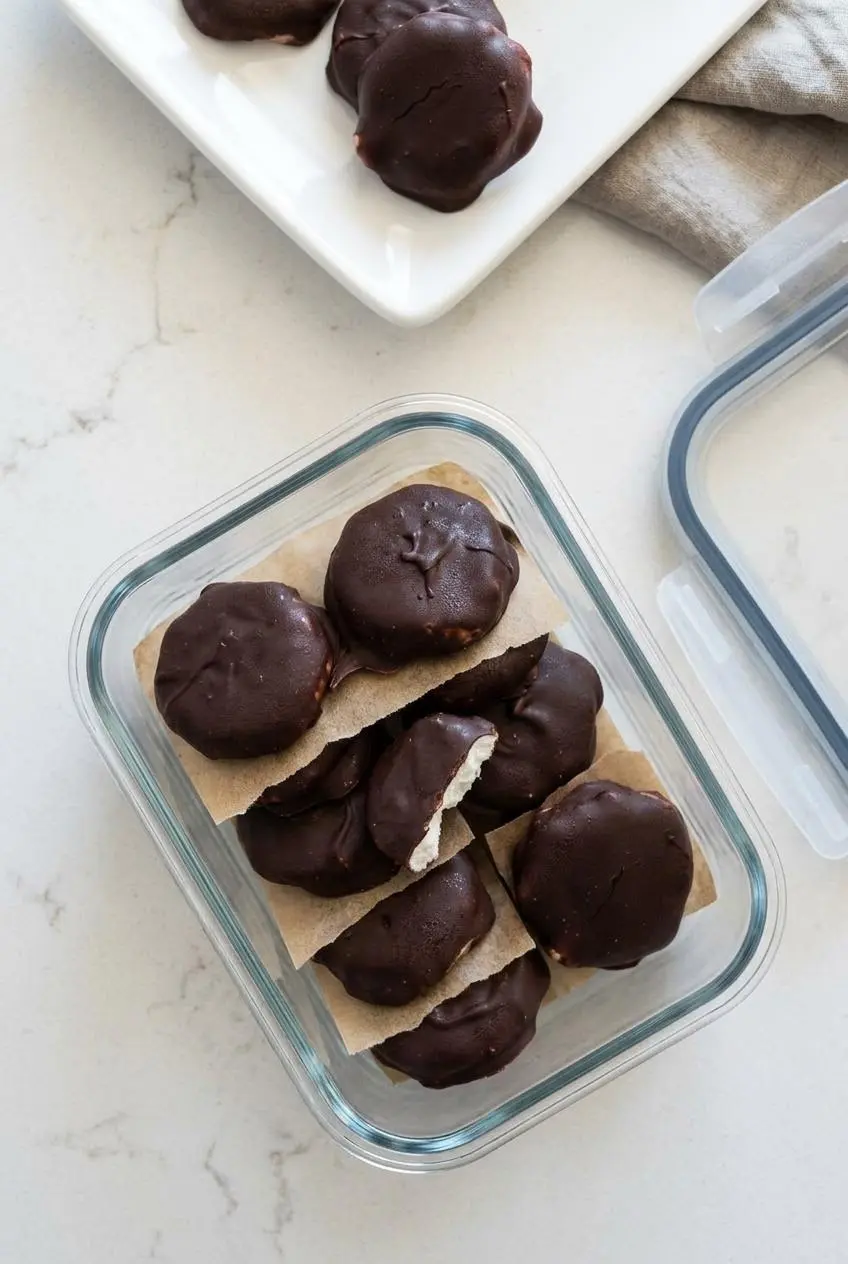 Overhead view of dark chocolate peppermint patties stacked in a glass airtight container with parchment paper between layers.