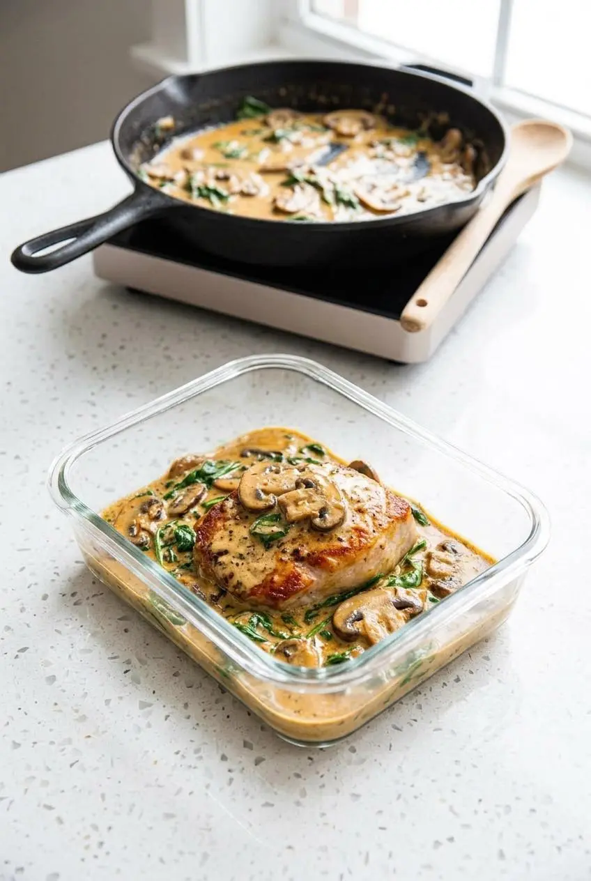 Cooked pork chop and mushroom sauce packed in a glass meal prep container for refrigerator storage.