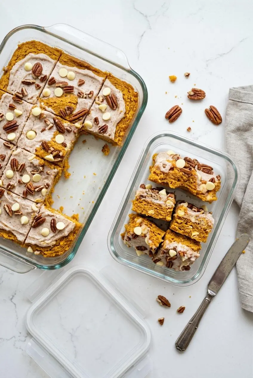 Cooled pumpkin earthquake cake next to a clear glass airtight container holding neatly sliced squares.