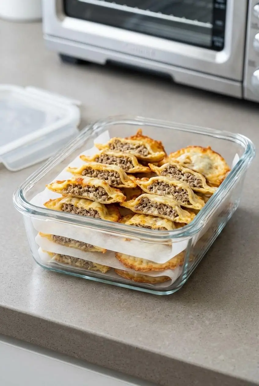 Cooked keto ravioli parcels separated by parchment paper inside a clear glass storage container.