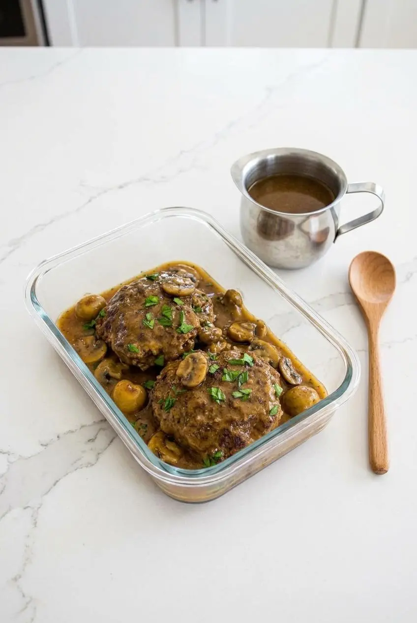 Salisbury steak patties stored in a glass container fully coated in mushroom gravy