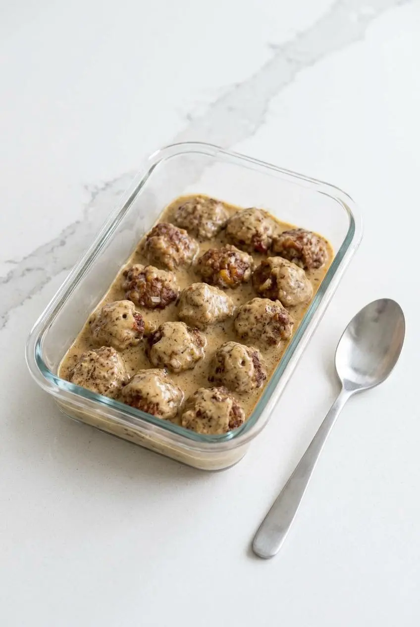 Cooked swedish meatballs and cream gravy stored neatly in a clear glass meal prep container