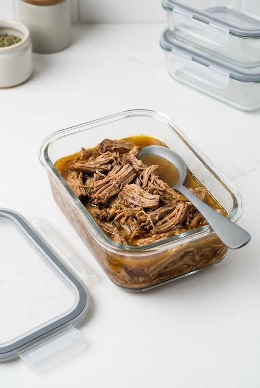 Glass meal prep container holding shredded pork shoulder in braising broth with lid.