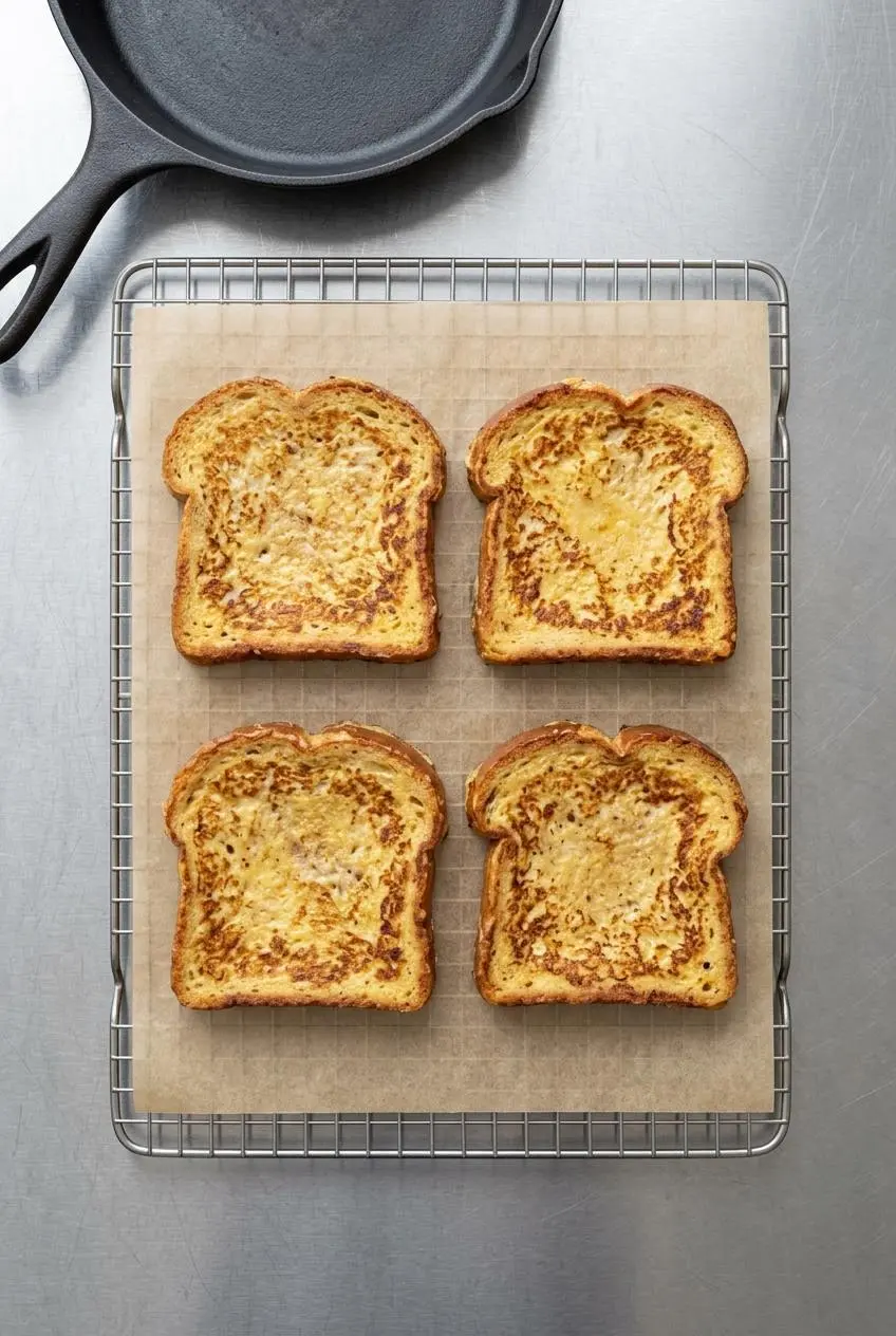 Cooked keto French toast slices cooling in a single layer on a wire rack next to a cast-iron skillet.