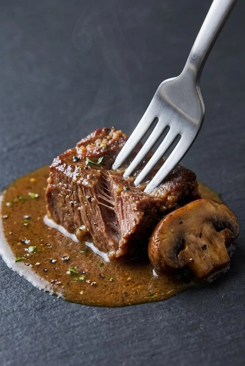 Fork pressing into tender braised beef chuck in rich broth with mushrooms