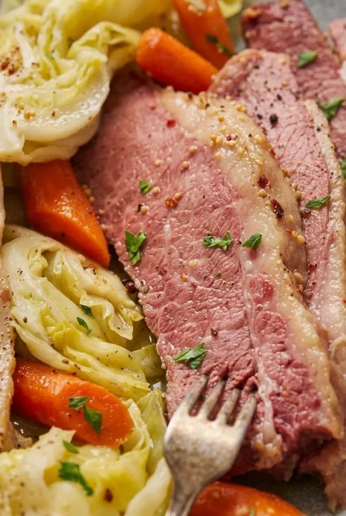 Close-up of succulent corned beef brisket sliced across the grain next to an intact braised green cabbage wedge