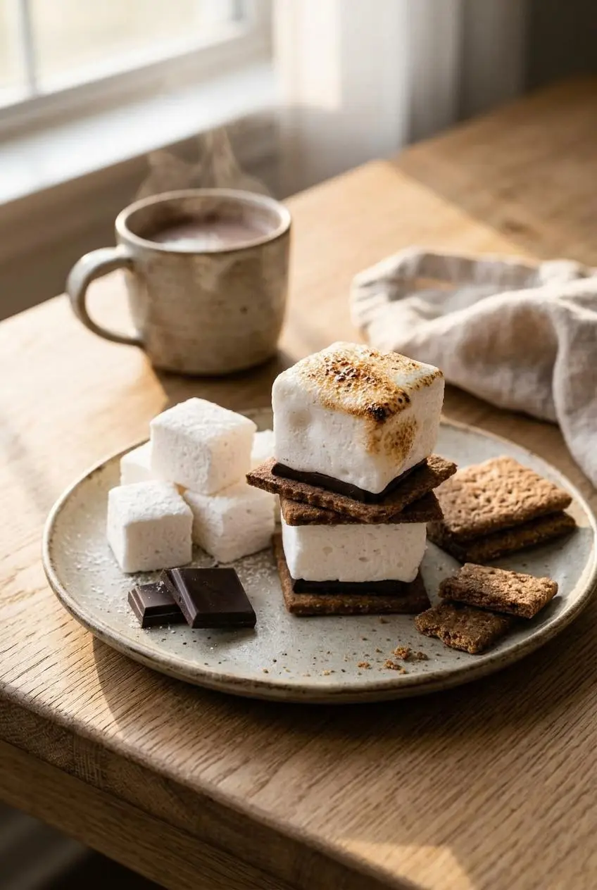 Toasted keto marshmallows with golden blistered tops served with keto graham crackers and dark chocolate.